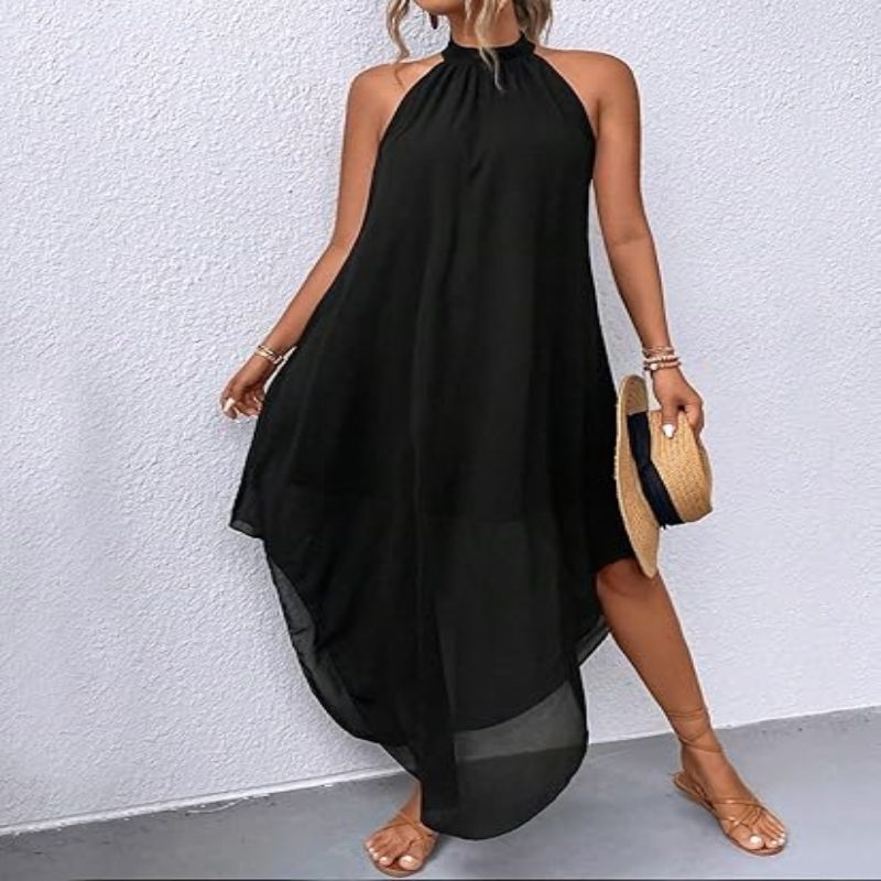 Robe longue asymétrique noire femme élégante, fluide col halter
