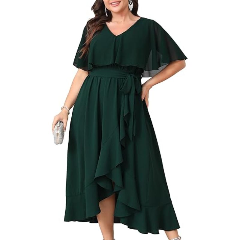 Robe de soirée grande taille manches courtes col V, chiffon fluide, ourlet asymétrique