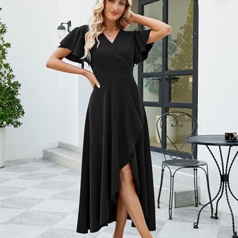 Robe longue noire élégante femme soirée, mariage cocktail