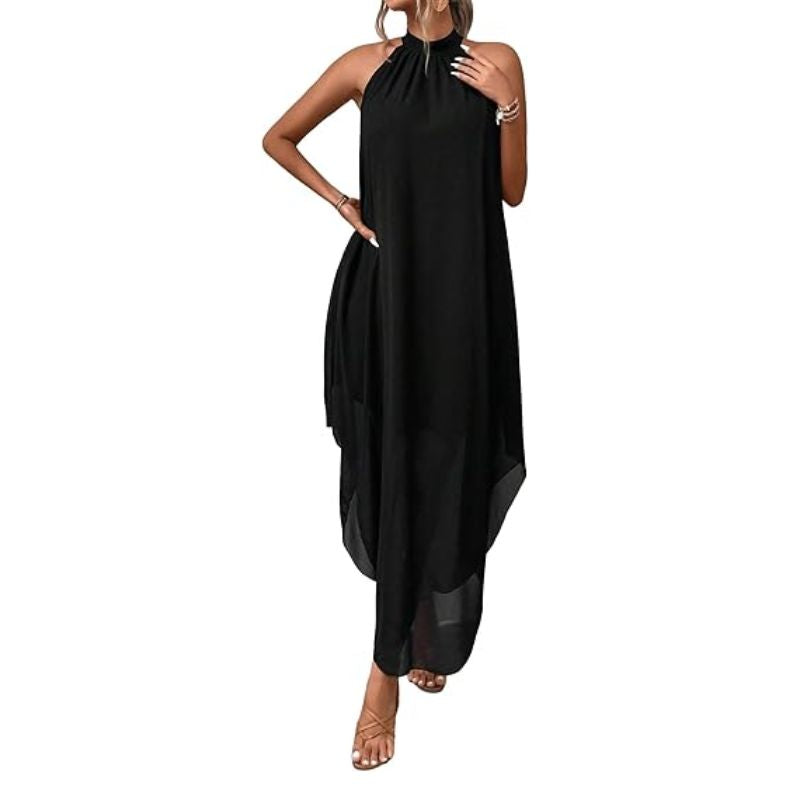 Robe longue asymétrique noire femme élégante, fluide col halter