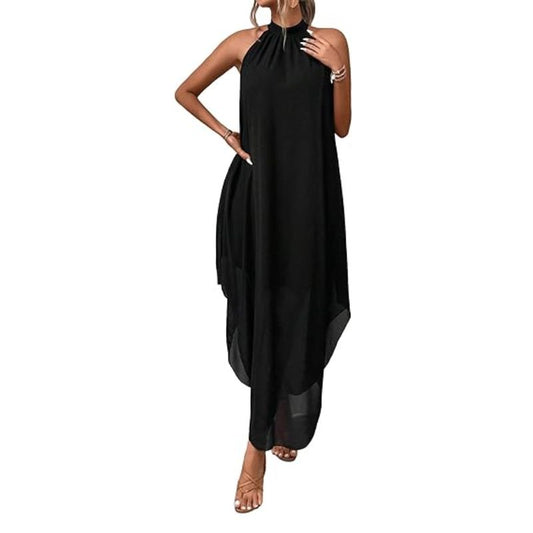 Robe longue asymétrique noire femme élégante, fluide col halter