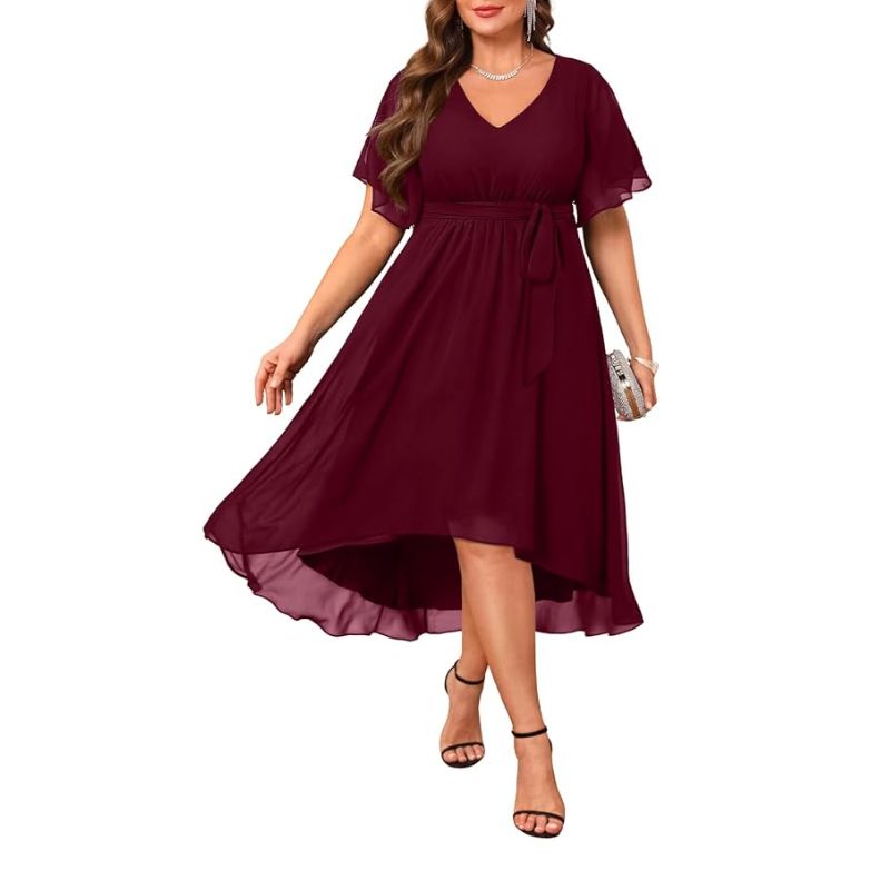 Robe grande taille élégante en chiffon Col V manches courtes, ourlet asymétrique