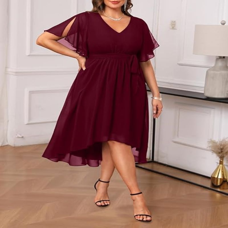 Robe grande taille élégante en chiffon Col V manches courtes, ourlet asymétrique