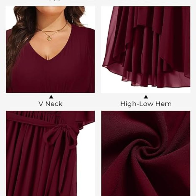 Robe grande taille élégante en chiffon Col V manches courtes, ourlet asymétrique