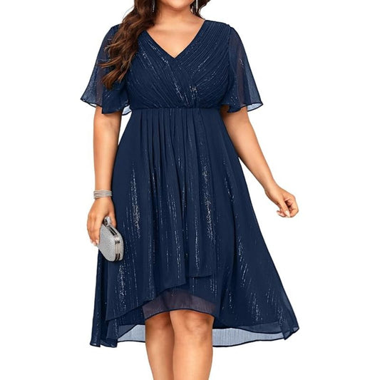 Robe grande taille élégante Midi cocktail en chiffon, col V plissé, manches courtes