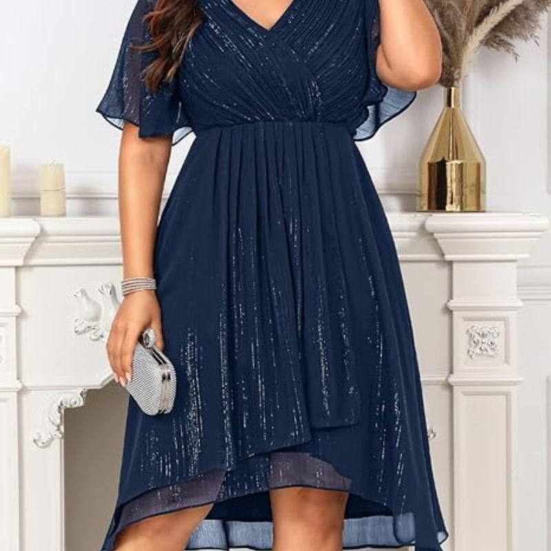 Robe grande taille élégante Midi cocktail en chiffon, col V plissé, manches courtes
